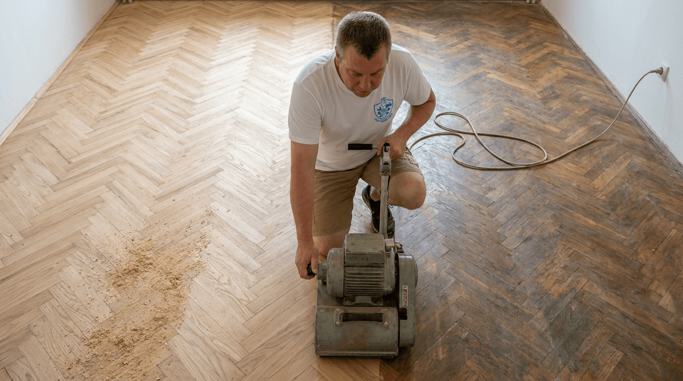 Handyman restoring a parquet floor by sanding and replacing floorboards