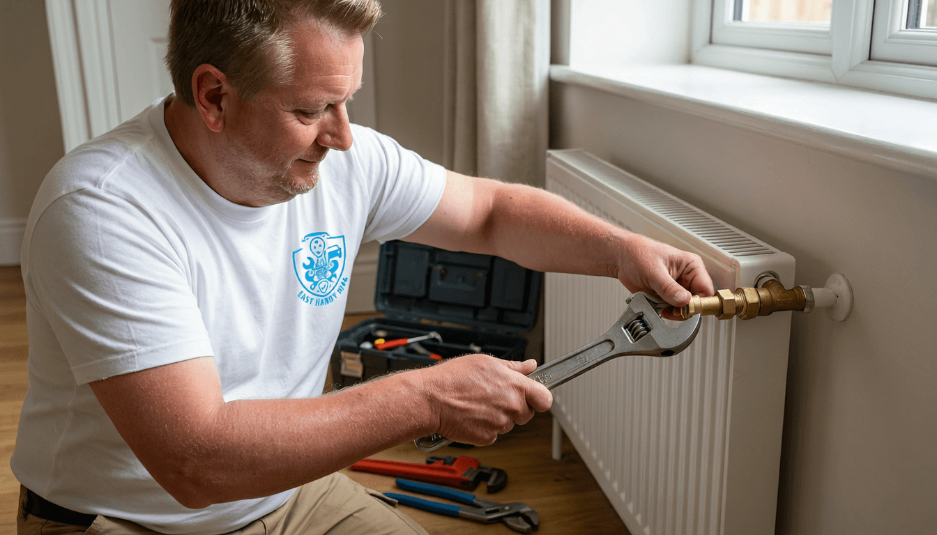 Technician repairing a radiator valve with a wrench